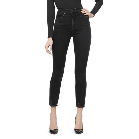 Good American Good Curve Crop Raw Hem Distressed Skinny Jeans Black